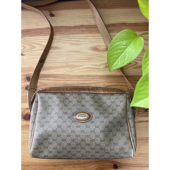 Vintage Gucci Small Micro GG Canvas Crossbody Bag PVC Leather